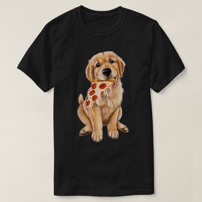 T-shirt Golden Retriever manger pizza chiot avec une tranc (Design devant)