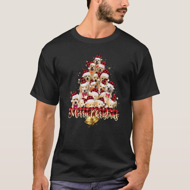 T-shirt Golden Retriever Santa Hat Dogs Red Buffalo Plaid  (Devant)