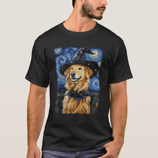 T-shirt Golden Retriever Witch Costume Painting Starry Nig (Devant)