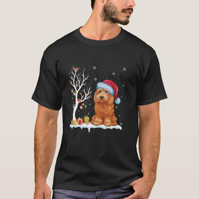 T-shirt Goldendoodle Chien Santa Hat Festif Arbre Lumière  (Devant)