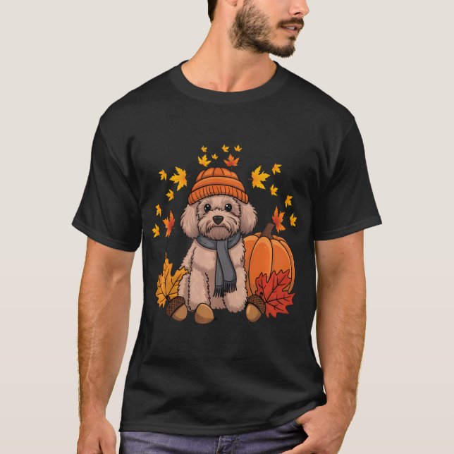 T-shirt Goldendoodle Thanksgiving Citrouille Dog Fall Leaf (Devant)