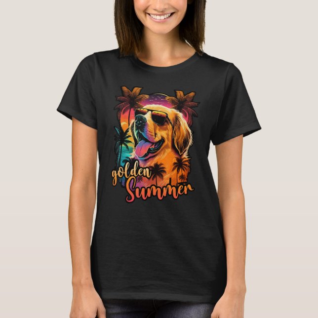 T-shirt Goldenretriever Sunset with Palmtrees golden Summe (Devant)
