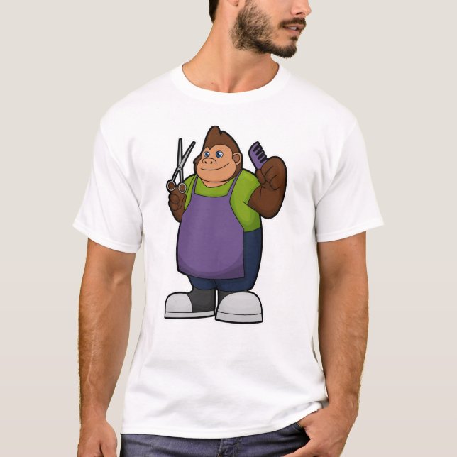 T-shirt Gorilla comme coiffeur avec ciseaux et peigne (Devant)