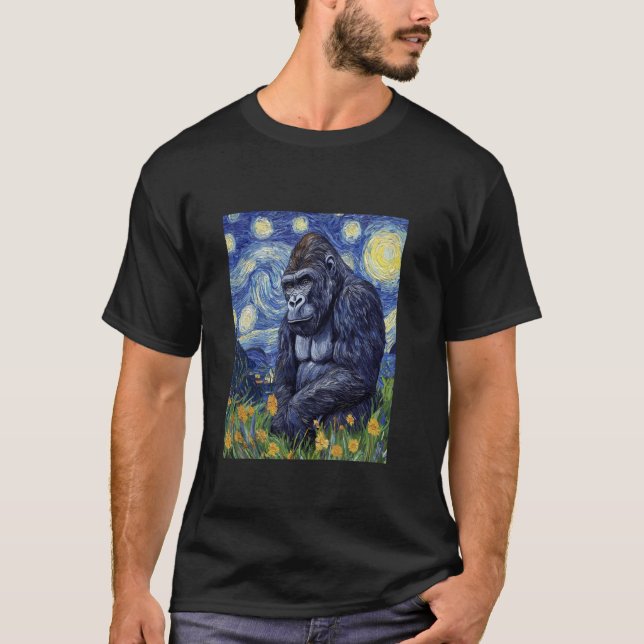 T-shirt Gorilla Monkey Van Gogh Style Starry Night Graphe (Devant)