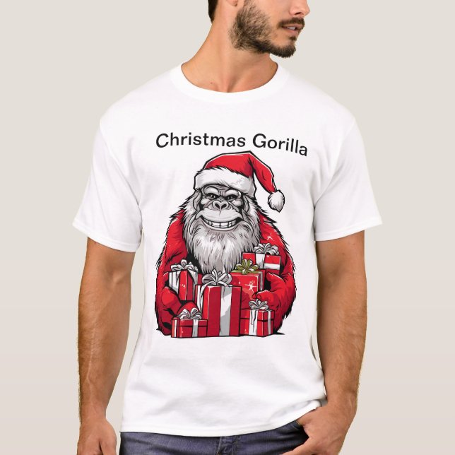 T-shirt Gorille de Noël portant le chapeau de Père Noël. (Devant)