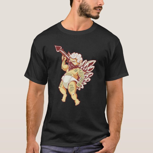 T-shirt Gothic Cupid With Gun Tattoo Tattooed Cupid Valent (Devant)