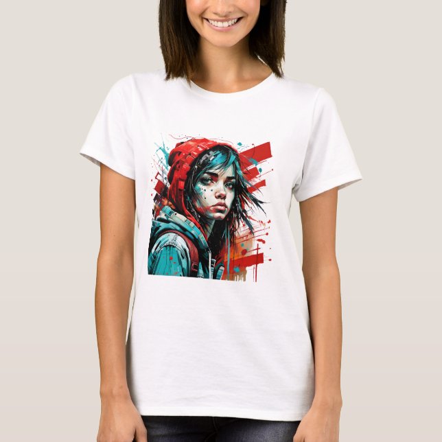 T-shirt Graffiti de Portrait de femme Abstraite rouge bleu (Devant)