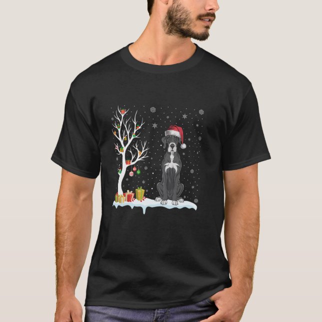 T-shirt Grand Dane Chien Santa Hat Festif Arbre Lumière Ch (Devant)