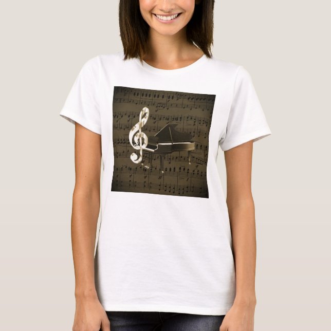 T-shirt Grand Piano Treble Clef Bronze Partition (Devant)
