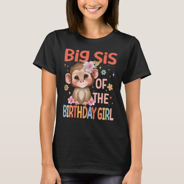 T-shirt Grand Sis De L'Anniversaire Fleur De Singe Fille C (Devant)