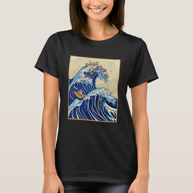T-shirt Grande vague japonaise de chats surf Kanagawa Vi v (Devant)
