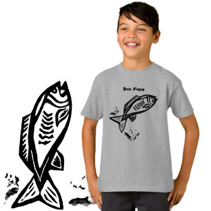 T-shirt Grandes Poissons Art Primitif Ligne Noire Dessin
