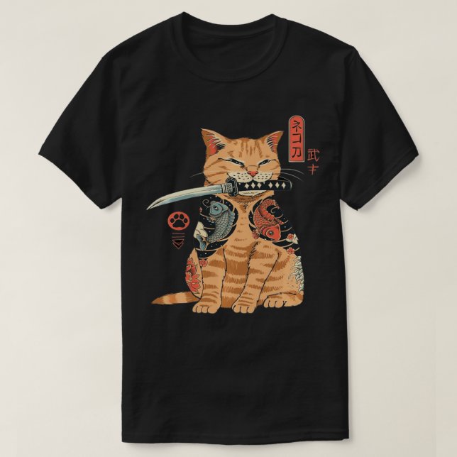 T-shirt Graphique de tatouage japonais Samurai Ninja Cat K (Design devant)