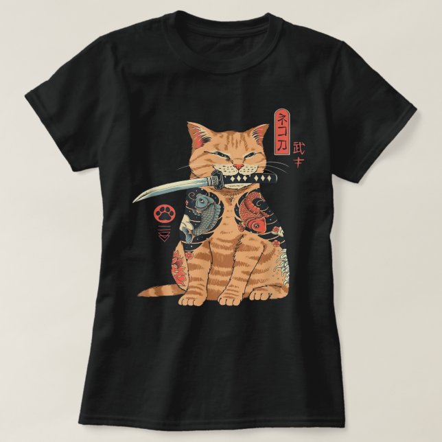 T-shirt Graphique de tatouage japonais Samurai Ninja Cat K (Design devant)