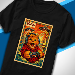 T-shirt Graphique drôle de chat UFO rétro vintage japonais