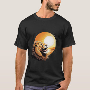 T-Shirt Graphique Lion Rugissant Coucher de Soleil