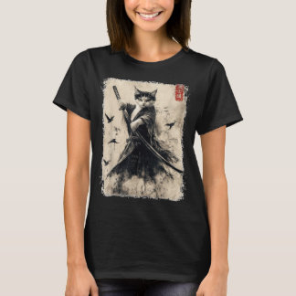 T-shirt graphique Samouraï Chat Guerrier Vintage J