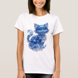 T-shirt graphique stylé argenté CHAT ÉTOILES BLEUE