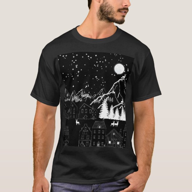 T-shirt Graphisme noir blanc Deertown Starry nuit lune (Devant)