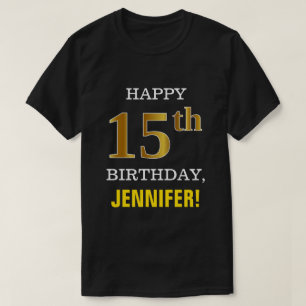 T-shirt Gras, Noir, Faux Or 15ème anniversaire avec nom Ch