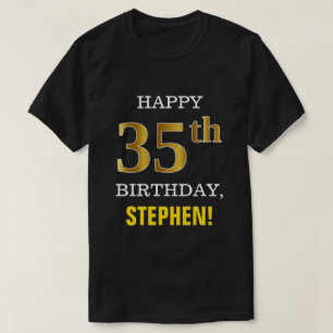 T-shirt Gras, Noir, Faux Or 35ème anniversaire avec nom Ch