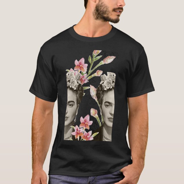 T-shirt Gravure Frida Kahlo, fleurs, couleur, noir et blan (Devant)