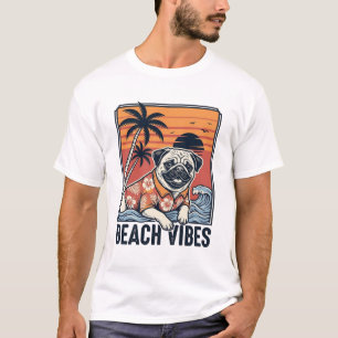 T-shirt Gravure vintage de pug ambiance plage