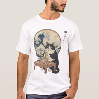 T-shirt Great Wave Japanese Cat Eating Ramen Funny Art