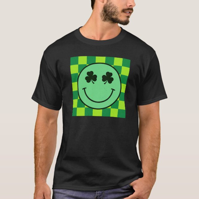 T-shirt Green Checkerboard Lucky Smiley Face Art (Devant)