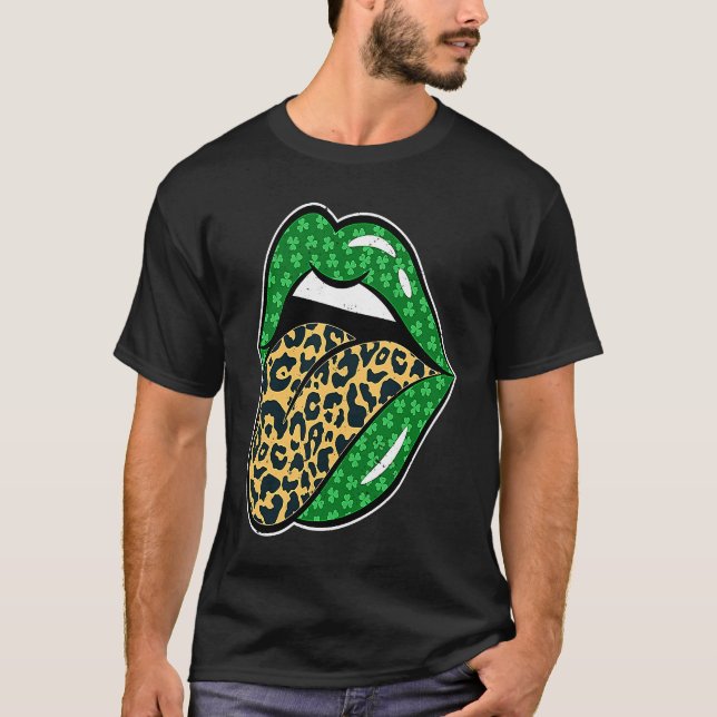 T-shirt Green Lips Leopard Print Tongue Out St Patricks Da (Devant)