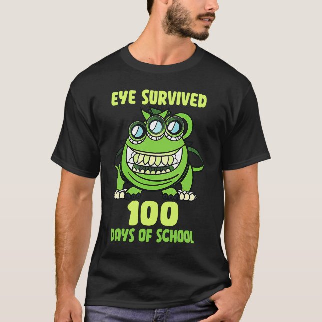 T-shirt Green  Monster Eye Survived 100 Days Of School Par (Devant)