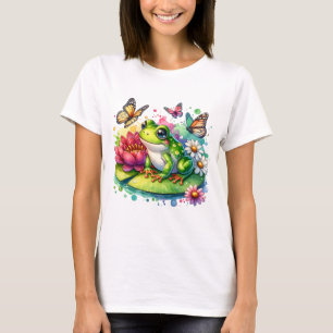 T-shirt Grenouille mignonne sur Lily Pad avec Fleurs et Pa