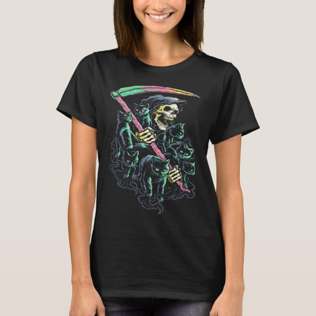 T-shirt Grim Reaper Ride Satan Cat Demonic Evil (Devant)