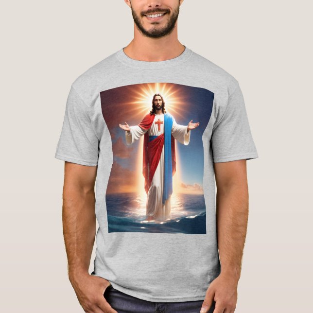 T-shirt gris avec Jésus Christ donnant des bénédic (Devant)
