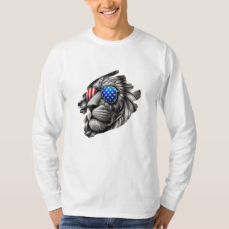 T-shirt Gris Lion Art avec Drapeau Américain Lunettes de s