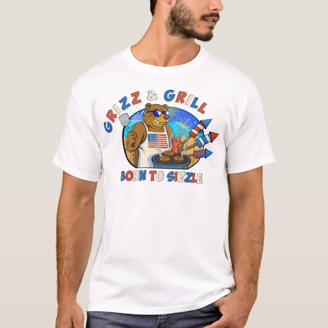 T-shirt Grizz & Grill : Né pour Sizzle La Bière, Le Burger (Devant)
