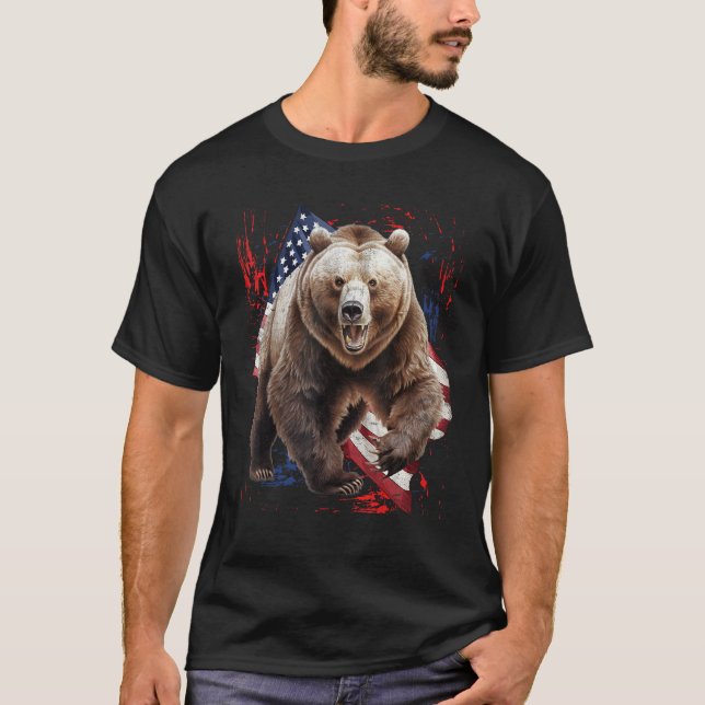 T-shirt Grizzly Bear Grunge American Flag 4th Of July Patr (Devant)