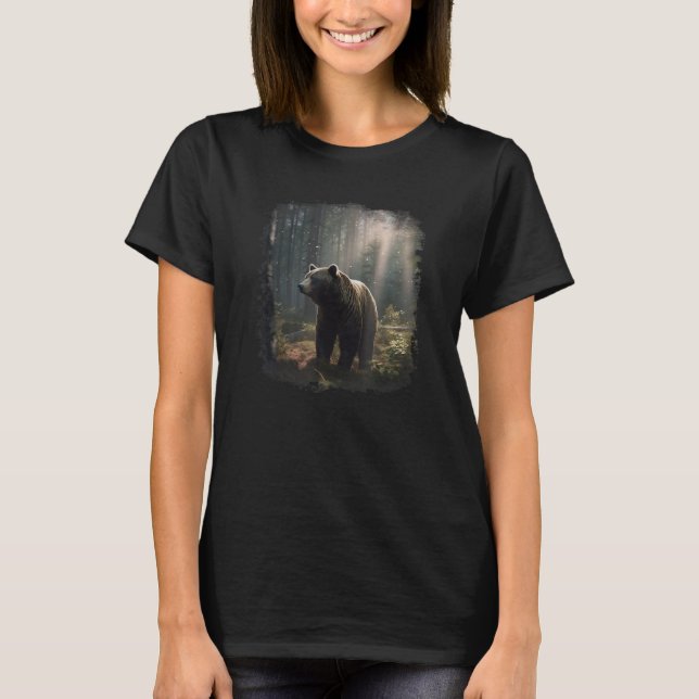 T-shirt Grizzly bear portrait forest sun light beam trees  (Devant)