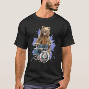 T-shirt Grizzly Brown Ours Rockstar Drummer Jouer des tamb