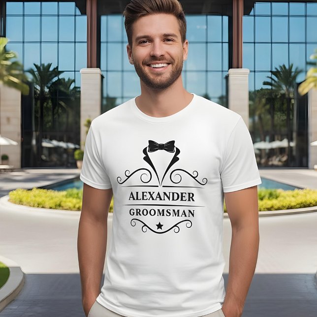 T-shirt Groomsman Black Tuxedo Cravate Blanc (Customize to change text size. Choose from a variety of shirt colors and styles.)