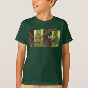 T-shirt Groot et roquette se déplaçant des arbres