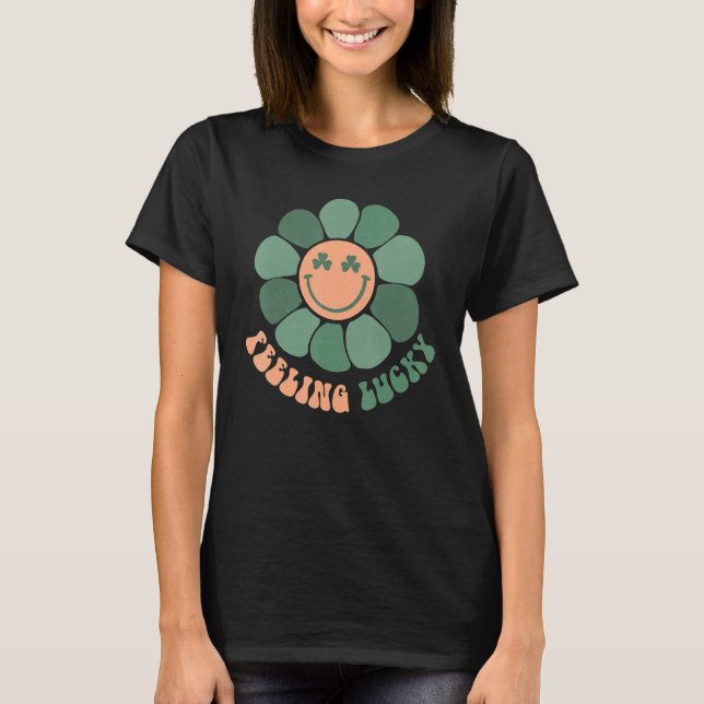 T-shirt Groovy Flower Shamrock Feeling Lucky Patrick's Day (Devant)