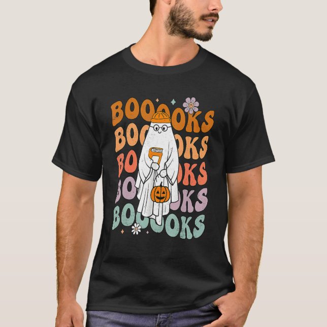T-shirt Groovy Halloween Booooks Ghost Hippie Boo Reading  (Devant)