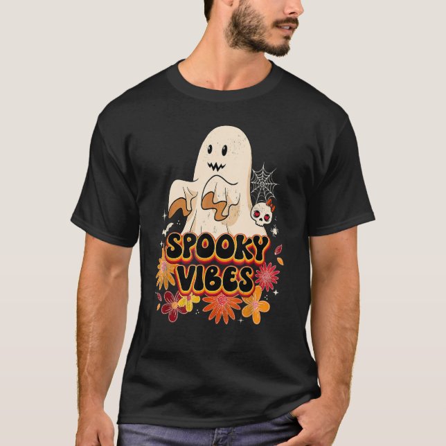 T-shirt Groovy Halloween Spooky Vibes Retro Floral Ghost C (Devant)