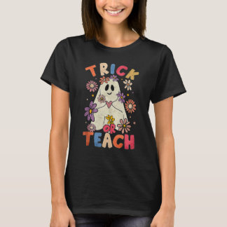 T-shirt Groovy Halloween Trick Or Teach Retro Fleur Fantôm