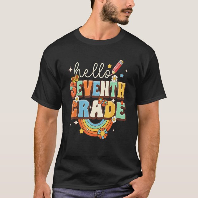 T-shirt Groovy Hello Seventh Grade Retro Teacher Back To S (Devant)