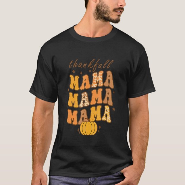 T-shirt Groovy One Thankful Mama Leopard Hello Fall Thanks (Devant)