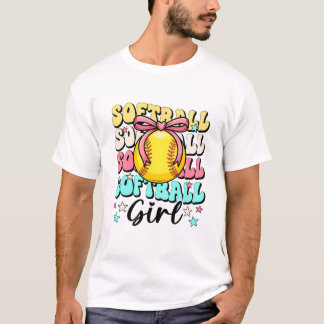 T-shirt Groovy Softball Girl Girls Coquette Bow Softball W