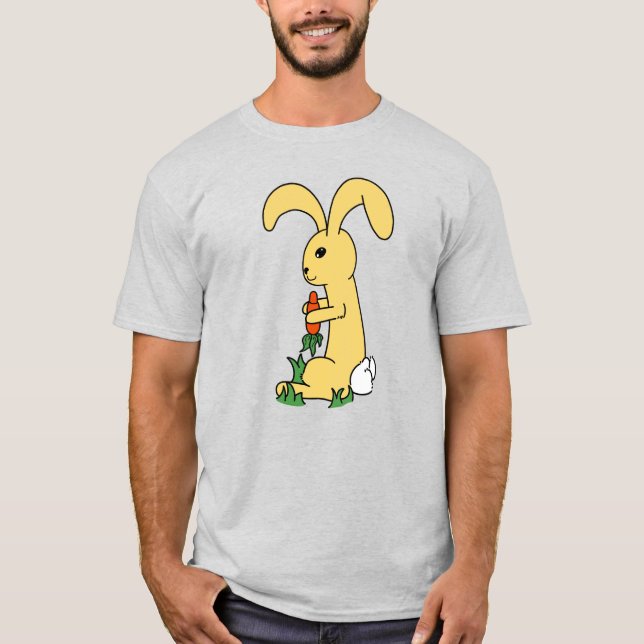 T-shirt Gros Mignonne Lapin Cartoon Jaune Tenant Une Carot (Devant)
