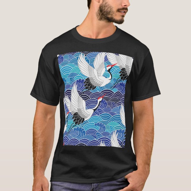 T-shirt Grue japonaise : Motif orné d'oiseaux. (Devant)